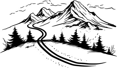 Winter Activity Mountain Ski Trails Vintage Outline Icon In Hand-drawn Style