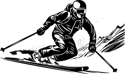 Winter Activity Skier Vintage Outline Icon In Hand-drawn Style