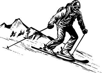 Winter Activity Skier Vintage Outline Icon In Hand-drawn Style