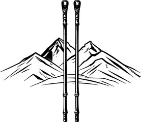 Winter Activity Skis and Poles Vintage Outline Icon In Hand-drawn Style