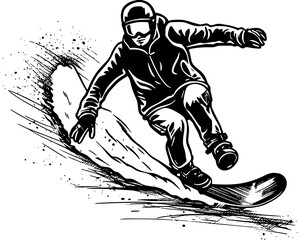 Winter Activity Snowboarder Vintage Outline Icon In Hand-drawn Style
