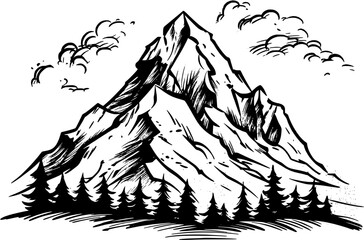 Snowy Mountain Landscape Vintage Outline Icon In Hand-drawn Style