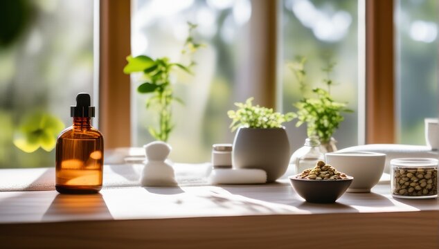 Healthy Hair Lifestyle: Serene Bedroom Yoga Scene with Herbal Supplements and Diet Plan, Soft Morning Light. Calming and Holistic Environment. Photography with Sony Alpha 7R IV, 35mm Lens. Adobe Stock