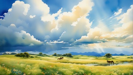 Gallop in the Sky: Clouds Shaped Like a Horse, Vibrant Blue Sky, Sun Casting a Soft Glow Over a Lush Green Meadow. Watercolor Painting with Delicate Brush Strokes. Adobe Stock.