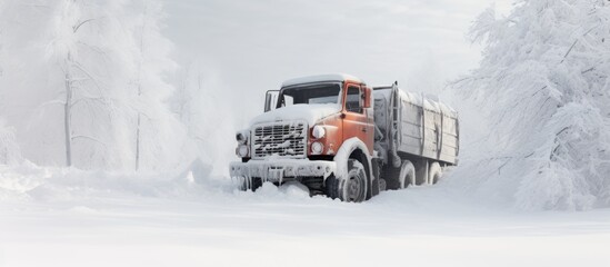 Truck trapped in snow during winter.