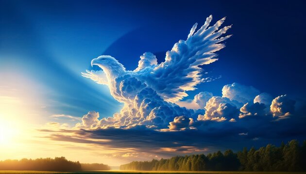 Sky Eagle: Majestic Cloud Formation in Vibrant Blue Sky, Sun's Golden Hue on Edges. Awe-Inspiring Nature Photography. Adobe Stock.