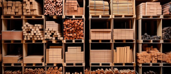 Building materials and industrial supplies, like bricks, wood, and pipes, organized for sale at a hardware store.