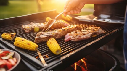 Naklejka premium Closeup, Grilling fish and corn on a modern grill outdoors at sunset. Generative AI