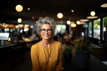 Old people work in office. Middle aged senior mature woman looking into camera smiling. Concentrated old businesswoman distance applicant, aged seeker searching job online, blogger writer - obrazy, fototapety, plakaty
