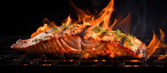 Grilled salmon fillet with horizontal flames.