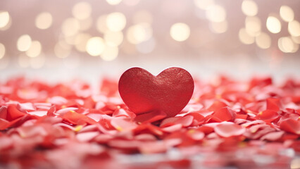 Red heart shape on rose petals with bokeh background