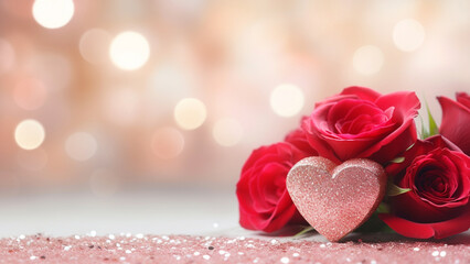 Pink glitter heart shape with red roses bouquet on bokeh light background