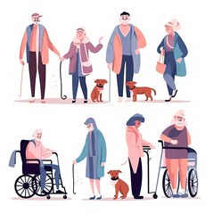 Volunteers helping senior people with disability Flat vector illustration daily activities working AI Generated