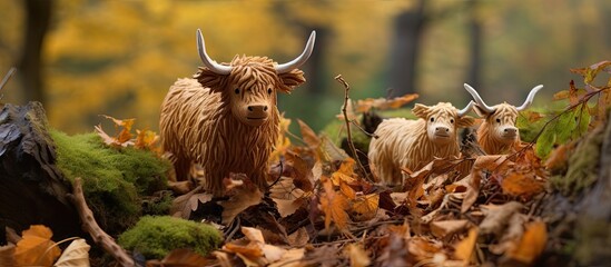 Highland Cattle clay figures in a fantasy woodland garden with fallen leaves and twigs.