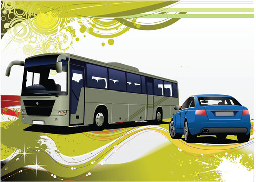 Green and Yellow grunge background with bus and car images. Vector