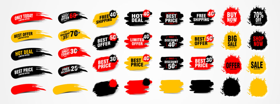 Collection of brush stroke sale, stickers and tags banners, sales label collection suitable for design promotion media
