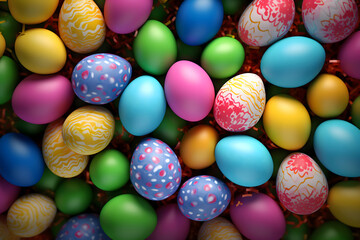 Obraz premium easter card, easter bunny with eggs, easter eggs and flowers, easter eggs in a basket, easter eggs and flowers on a white background, easter wall paper and background for social media