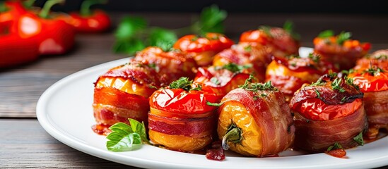 Easy-to-make bacon-wrapped stuffed paprika, perfect finger food for parties.
