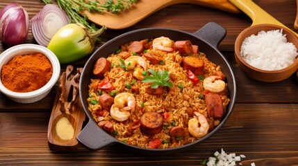 Rustic Revelry - A Hearty Serving of Jambalaya, Infused with Chicken, Sausage, Shrimp, and Bold Spices. Generative AI