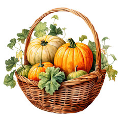 Pumpkin in basket watercolor clipart on transparent background. Generative AI illustration