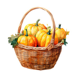 Pumpkin in basket watercolor clipart on transparent background. Generative AI illustration