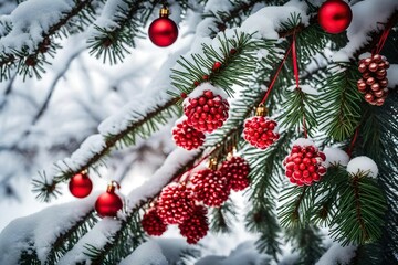 Snowberries with green twigs of Christmas tree, red decorations and cones in a festive garland isolated on white or transparent background