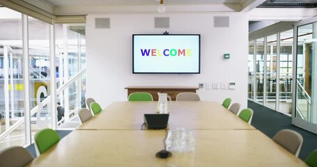 Monitor, meeting or empty office for presentation with table, chairs or corporate company. Background, conference or welcome text words on screen in modern boardroom for training or business project