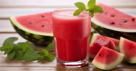 Savoring the Refreshing Delight of a Watermelon Smoothie on a Rustic Wooden Table. Generative AI