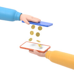 Mobile payment money transfer flat 3d isometry isometric financial transaction concept web 3d illustration. Coin drop raining from one smart phone to another. Creative people collection.
