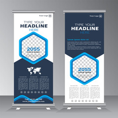 polygon shape roll up banner design with blue color, vertical banner template with image space, vector eps 10,