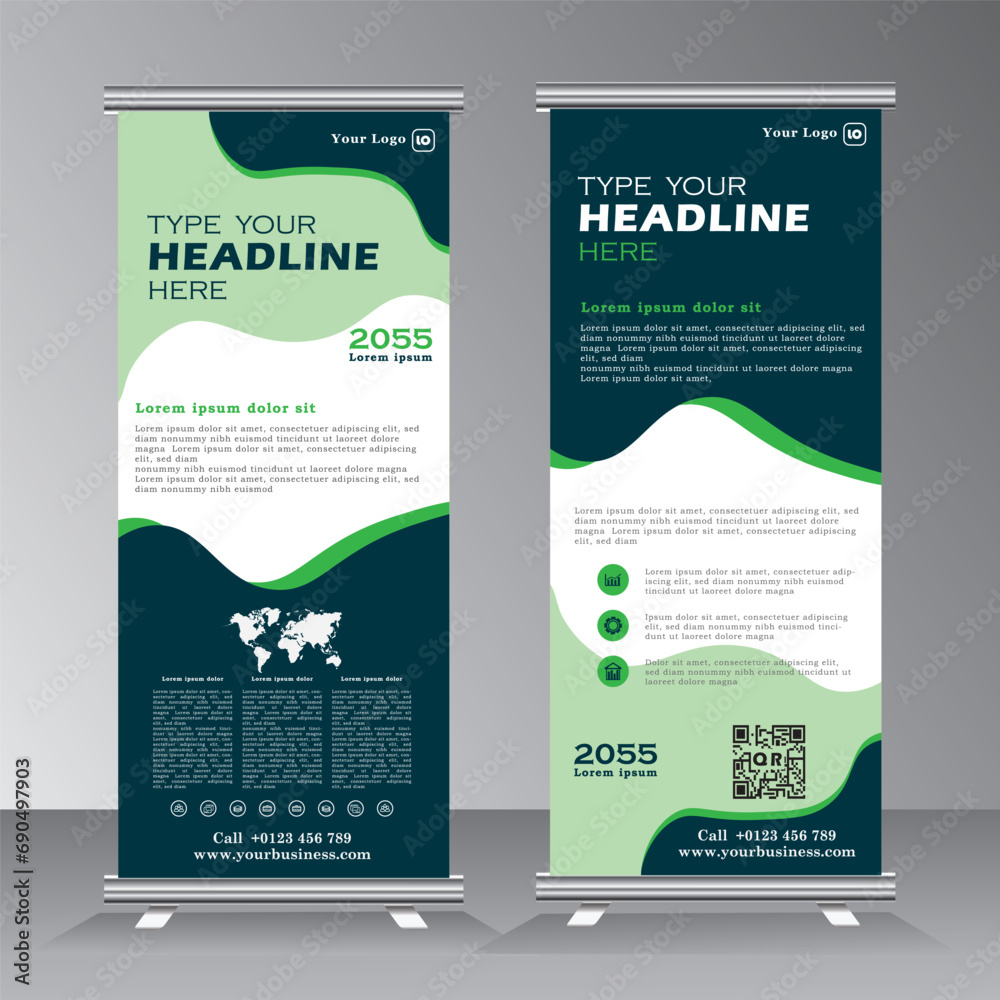 Wall mural roll up banner design template with image space, vertical banner design with green color, polygon st