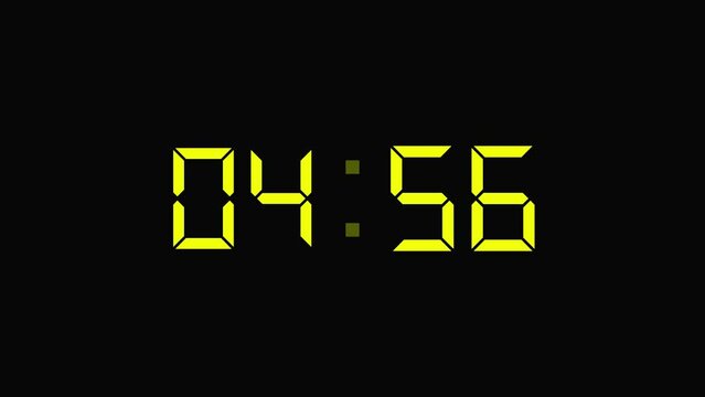 5 minutes countdown digital alarm clock on black