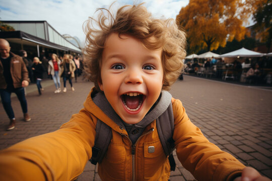 Cute smiling toddler child, boy is making taking selfie photo or video call by smartphone, saying hi to friends relatives by mobile phone from playground. Parenting, happy kid concept.
