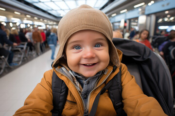 Toddler is making taking selfie photo or video call by smartphone to friends relatives from the airport. Happy cute baby boy, son. Parenting, travelling concept with small child