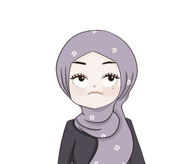 hijab girl , illustration muslim woman shows bored face , character muslim girl cartoon , boring face girl