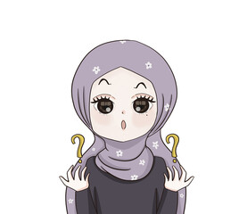 hijab girl , illustration muslim woman is confused with question mark , muslim girl cartoon