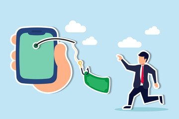 Obraz premium Mobile phone banking scam, fraud link to steal money, phishing bait website or online crime, thief steal money from mobile banking app concept, mobile smartphone with fishing bait scam money threat.