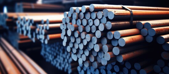 Steel round bars are stored and stacked in the warehouse for construction purposes.