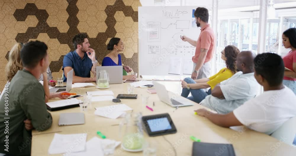 Poster teamwork, presentation or app developers in meeting for brainstorming, conversation or talking in st
