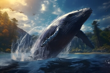 A humpback whale jumping over the sea
