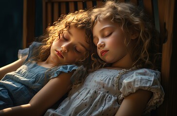 Twinning Naptime: Lovely twin sisters peacefully napping side by side, surrounded by soft light that gently illuminates their serene faces - obrazy, fototapety, plakaty