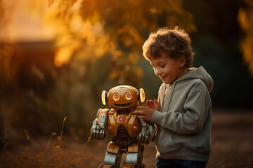 Toddler elementary school kid plays with metal robot in hands in park. Favourite toy best artificial intelligence friend. New technology toys learning robots at robotics electric toys