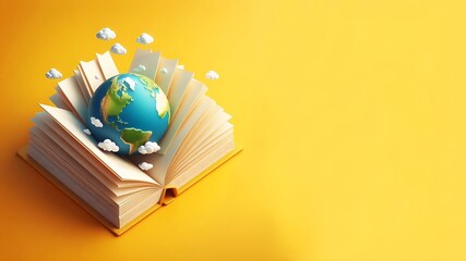 Education and globalism concept, World Book Day, A Globe with clouds on an open book, copyspace with yellow banner background - obrazy, fototapety, plakaty