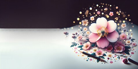 Spring Background flowers and petal with glowing dots and pencil with white space for text, floral still background
