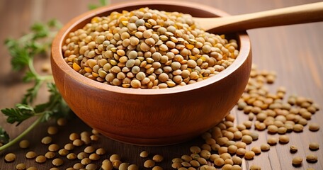 Naklejka premium Wooden Whispers and Lentil Wonders. A Harmonious Blend of Natural Textures and Flavors. Generative AI