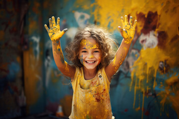 Laughing blonde child with stained t-shirt and spotted colorful background looking into the camera with playful look, looking into camera. Bored kid staying alone at home