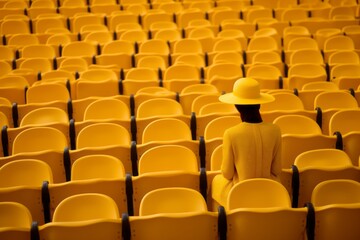 Fototapeta premium A woman in a yellow suit and hat sits among yellow chairs