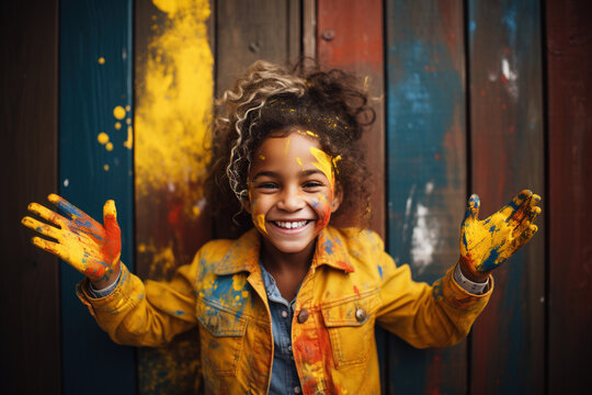 Playful African-American child with stained jacket and spotted colorful background looking into the camera with playful look. Bored curious kid staying alone at home