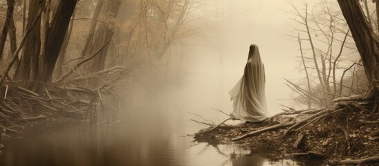 Sepia-toned, horizontal, misty woods host male ghost by small river. - obrazy, fototapety, plakaty