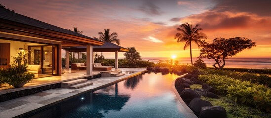 Sunset view of a tropical villa with garden, pool, and open living area. - obrazy, fototapety, plakaty